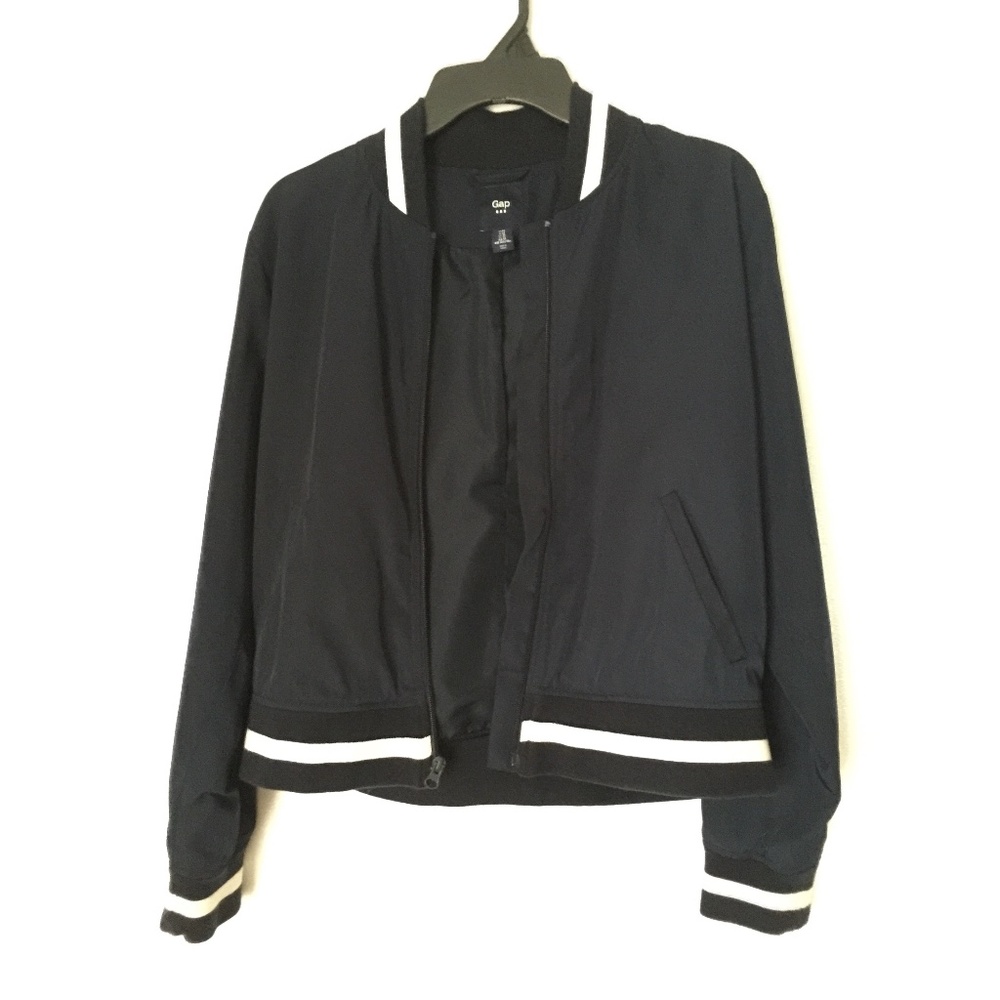 iconic GAP varsity striped bomber flight jacket NAVY MEDIUM